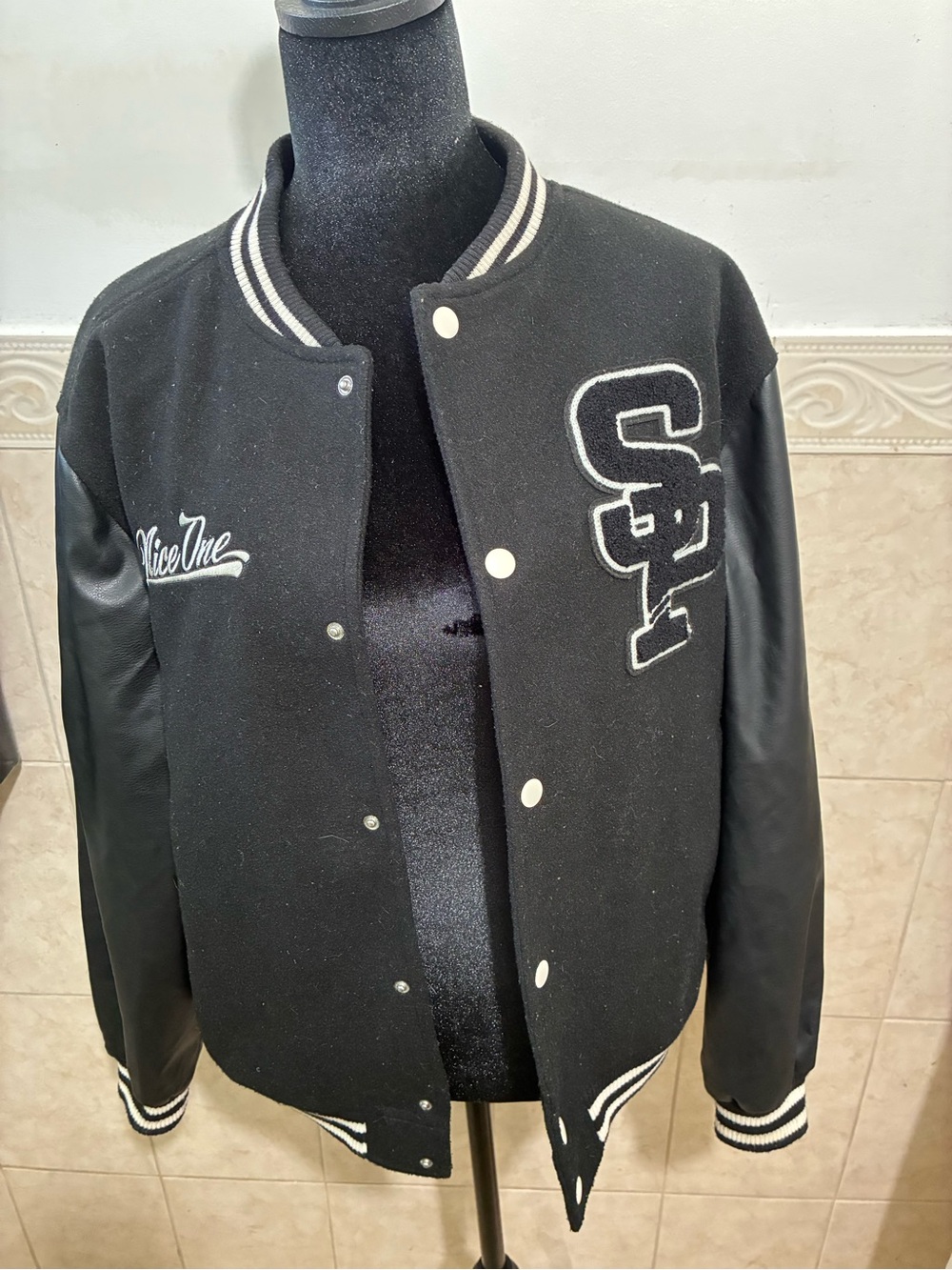 Black Varsity Jacket with Leather Sleeves - H&M brand 12/13y #16 us